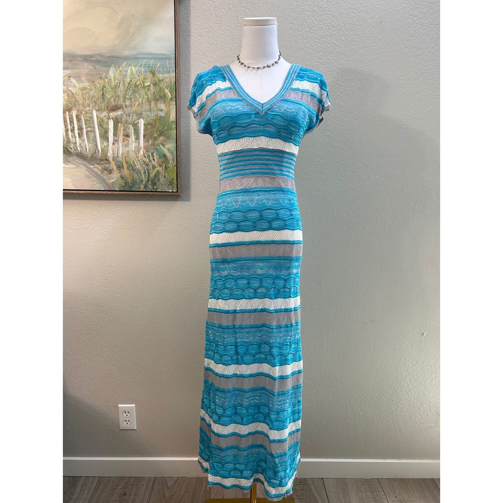 Bebe Blue Chevron Pointelle Knit Maxi Dress Metallic V-Neck Gown XS